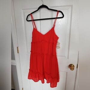 A'ltard State Red Spaghetti Strap Tiered Ruffled Summer Dress Feminine Romantic